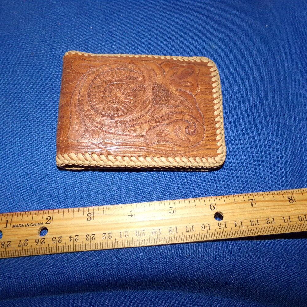 Vintage Leather Hand Tooled Bifold Wallet Floral Woven Edge Western Cowboy